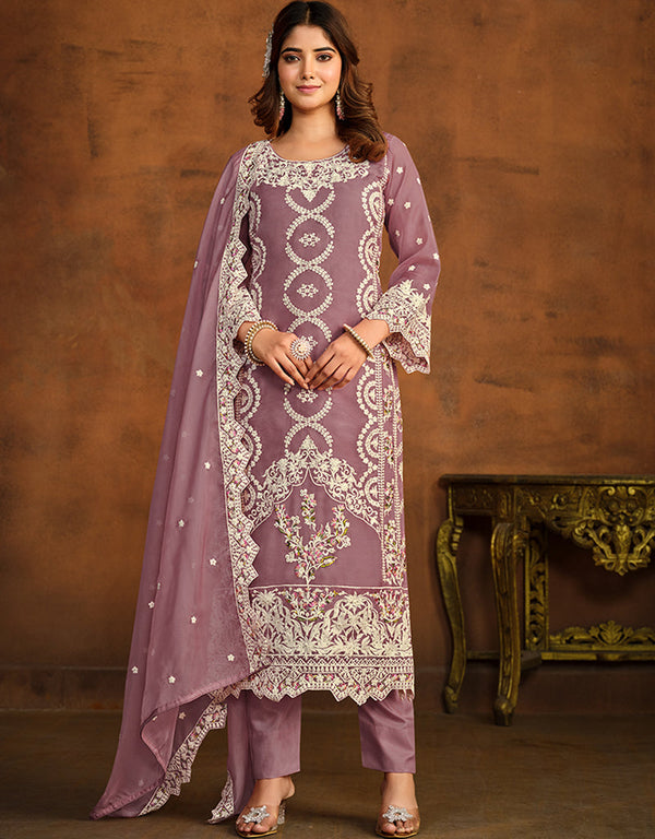Designer Party Wear Net Salwar Suit Collection Dull Purple Soft Organza Pant Pakistani Suit Front View